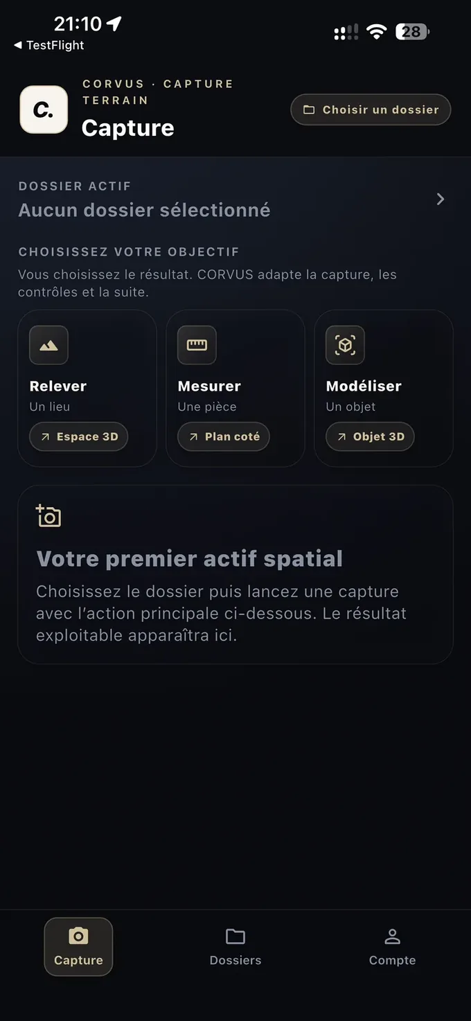 Écran CORVUS Capture avec les objectifs Relever, Mesurer et Modéliser