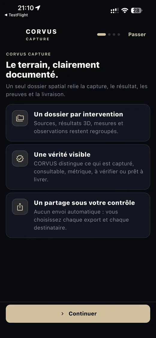 Écran CORVUS Capture — Le terrain, clairement documenté.