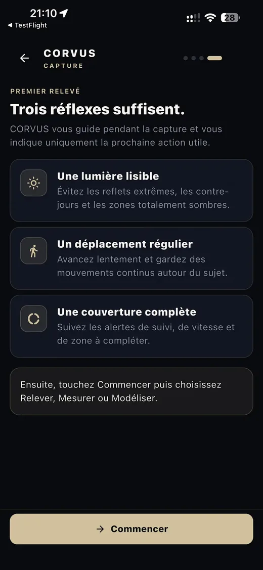 Écran CORVUS Capture — Trois réflexes suffisent.